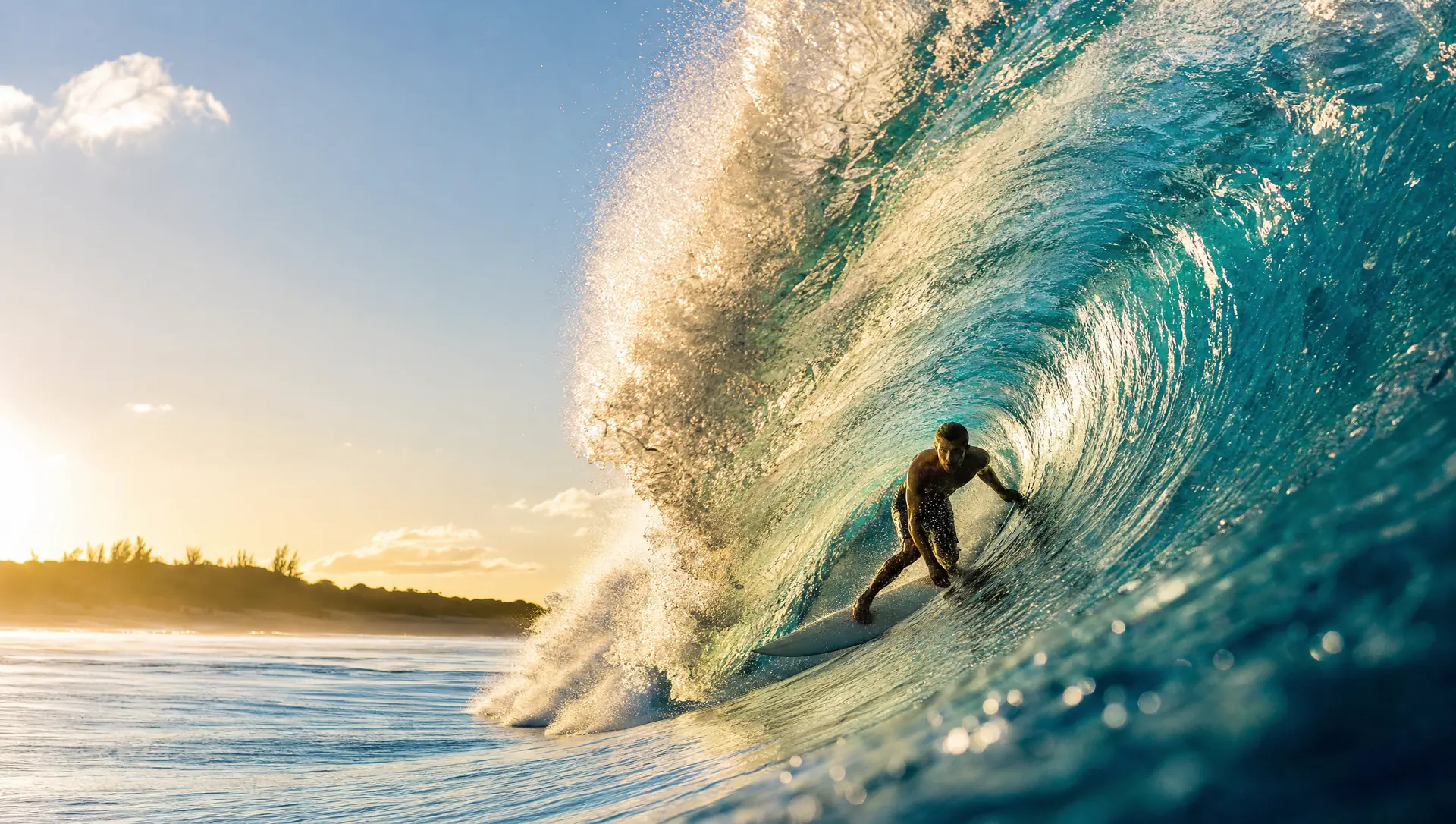 Surfista dentro de um tubo perfeito ao pôr do sol